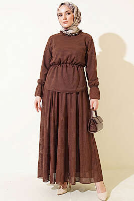 Beli Lastikli Desenli Etekli İkili Takım Kahve - HBS