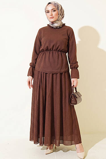 Beli Lastikli Desenli Etekli İkili Takım Kahve - İkili Takım