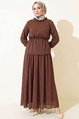 Beli Lastikli Desenli Etekli İkili Takım Kahve - İkili Takım