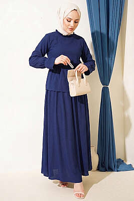 Beli Lastikli Desenli Etekli İkili Takım Lacivert - HBS