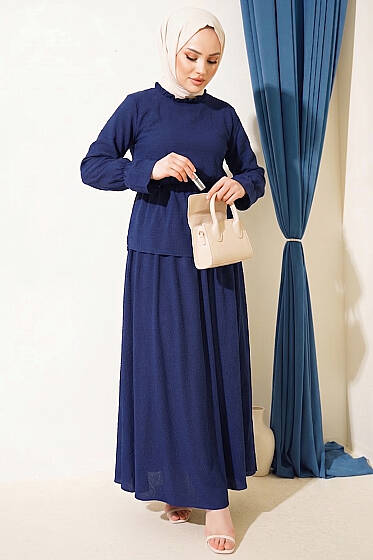 Beli Lastikli Desenli Etekli İkili Takım Lacivert - İkili Takım