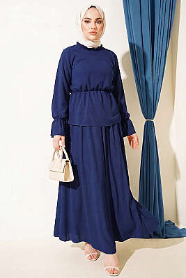 Beli Lastikli Desenli Etekli İkili Takım Lacivert - İkili Takım