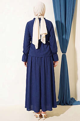 Beli Lastikli Desenli Etekli İkili Takım Lacivert - İkili Takım