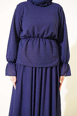 Beli Lastikli Desenli Etekli İkili Takım Lacivert - İkili Takım