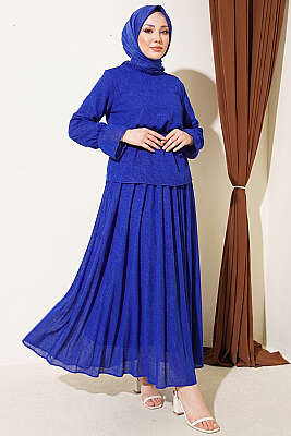 Beli Lastikli Desenli Etekli İkili Takım Saks - HBS