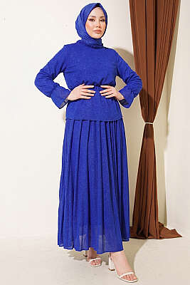 Beli Lastikli Desenli Etekli İkili Takım Saks - İkili Takım