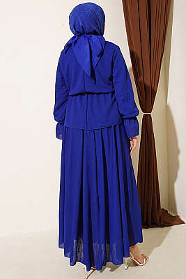 Beli Lastikli Desenli Etekli İkili Takım Saks - İkili Takım