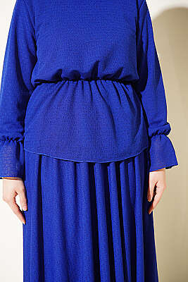 Beli Lastikli Desenli Etekli İkili Takım Saks - İkili Takım