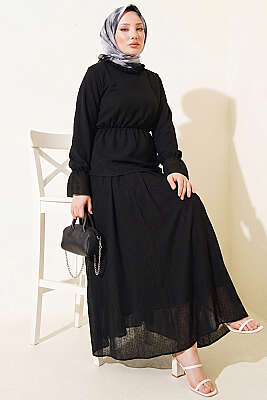 Beli Lastikli Desenli Etekli İkili Takım Siyah - HBS