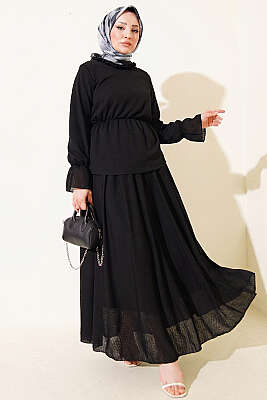 Beli Lastikli Desenli Etekli İkili Takım Siyah - İkili Takım