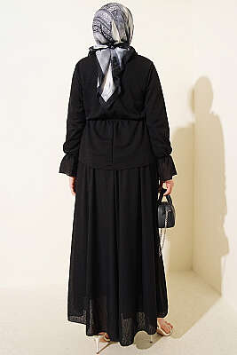 Beli Lastikli Desenli Etekli İkili Takım Siyah - İkili Takım