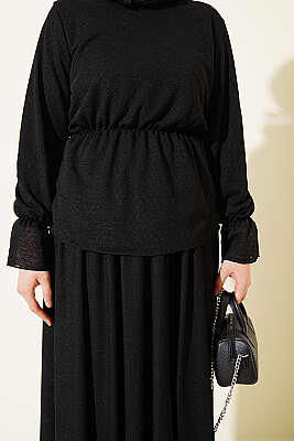 Beli Lastikli Desenli Etekli İkili Takım Siyah - İkili Takım