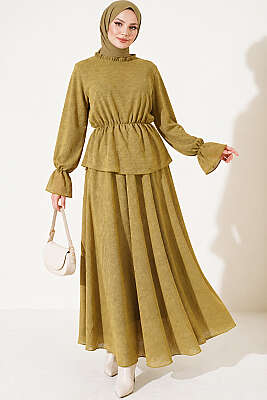 Beli Lastikli Desenli Etekli İkili Takım Yağ Yeşili - HBS
