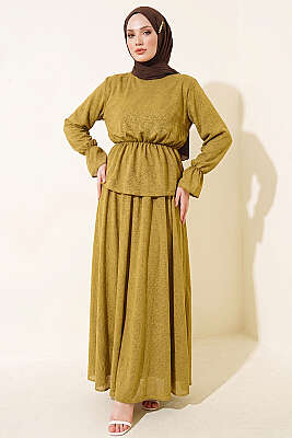 Beli Lastikli Desenli Etekli İkili Takım Yağ Yeşili - HBS