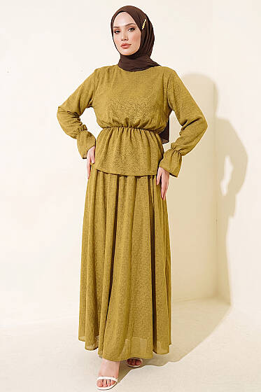 Beli Lastikli Desenli Etekli İkili Takım Yağ Yeşili - İkili Takım