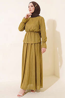 Beli Lastikli Desenli Etekli İkili Takım Yağ Yeşili - İkili Takım