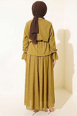 Beli Lastikli Desenli Etekli İkili Takım Yağ Yeşili - İkili Takım