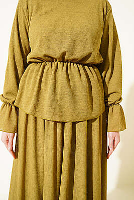 Beli Lastikli Desenli Etekli İkili Takım Yağ Yeşili - İkili Takım