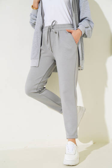 Beli Lastikli Duble Paça Pantolon Gri - Pantolon