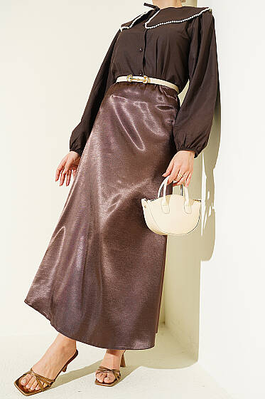 Beli Lastikli Düz Saten Etek Kahve - Etek