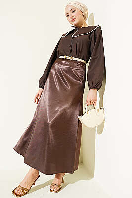 Beli Lastikli Düz Saten Etek Kahve - Etek