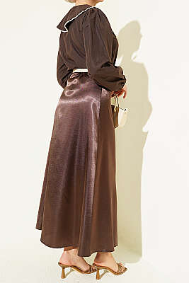 Beli Lastikli Düz Saten Etek Kahve - Etek