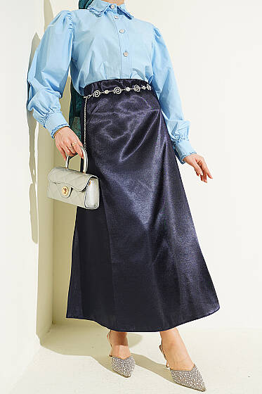 Beli Lastikli Düz Saten Etek Lacivert - Etek