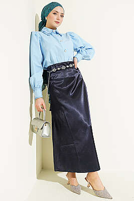 Beli Lastikli Düz Saten Etek Lacivert - Etek