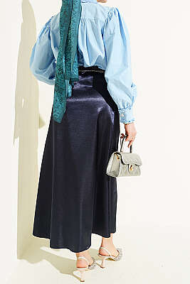 Beli Lastikli Düz Saten Etek Lacivert - Etek