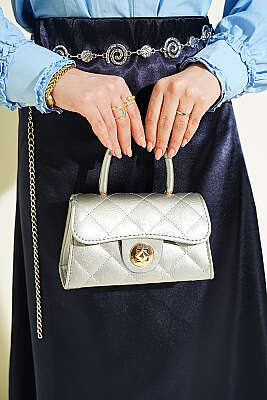 Beli Lastikli Düz Saten Etek Lacivert - Etek