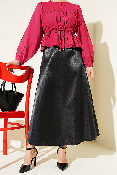 Beli Lastikli Düz Saten Etek Siyah - Etek