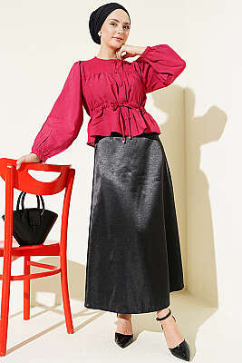 Beli Lastikli Düz Saten Etek Siyah - Etek