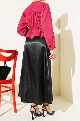 Beli Lastikli Düz Saten Etek Siyah - Etek