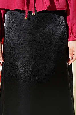 Beli Lastikli Düz Saten Etek Siyah - Etek