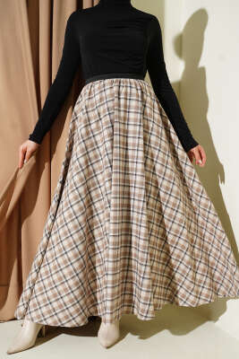 Beli Lastikli Ekose Desen Kloş Etek Bej - VAV TEKSTİL