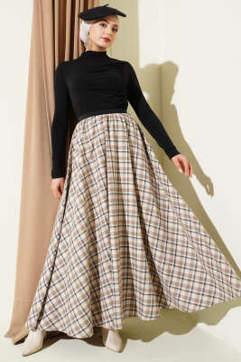 Beli Lastikli Ekose Desen Kloş Etek Bej - Etek