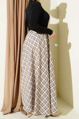 Beli Lastikli Ekose Desen Kloş Etek Bej - Etek