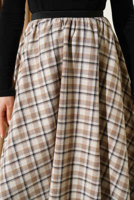 Beli Lastikli Ekose Desen Kloş Etek Bej - Etek