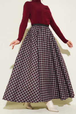 Beli Lastikli Ekose Desen Kloş Etek Bordo - VAV TEKSTİL