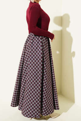 Beli Lastikli Ekose Desen Kloş Etek Bordo - Etek