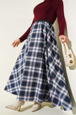 Beli Lastikli Ekose Desen Kloş Etek İndigo - VAV TEKSTİL