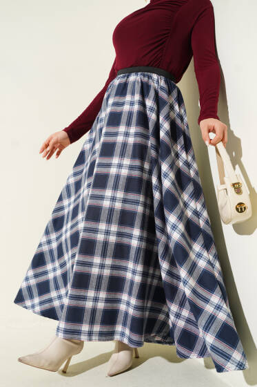 Beli Lastikli Ekose Desen Kloş Etek İndigo - Etek