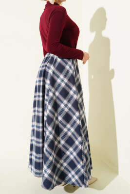 Beli Lastikli Ekose Desen Kloş Etek İndigo - Etek