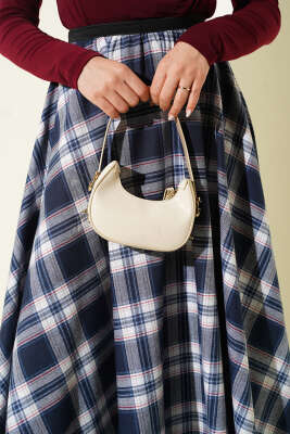 Beli Lastikli Ekose Desen Kloş Etek İndigo - Etek