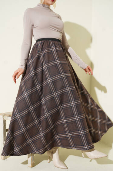 Beli Lastikli Ekose Desen Kloş Etek Kahve - Etek