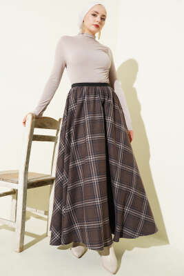 Beli Lastikli Ekose Desen Kloş Etek Kahve - Etek