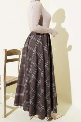 Beli Lastikli Ekose Desen Kloş Etek Kahve - Etek