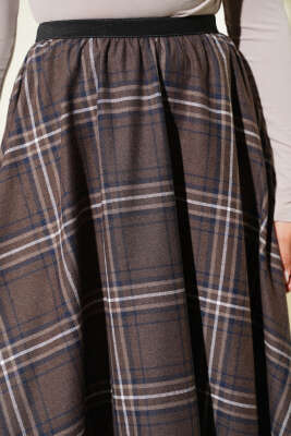 Beli Lastikli Ekose Desen Kloş Etek Kahve - Etek