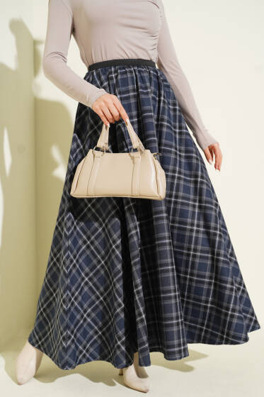 Beli Lastikli Ekose Desen Kloş Etek Lacivert - Etek