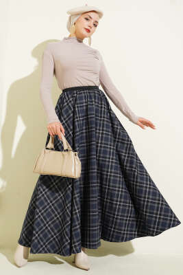 Beli Lastikli Ekose Desen Kloş Etek Lacivert - Etek